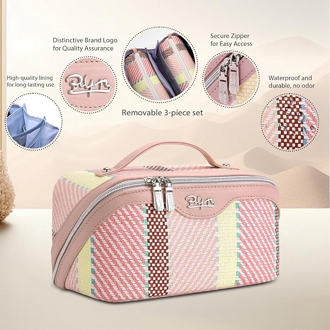 BOYATU Travel Makeup Bag Cosmetic Bag for Women: 3 Pcs Set Make up Bag with Compartments - Waterproof Vegan Leather Toiletry Bags with Handle - Makeup Organizer for Travel Essentials(C-3-Pink) - Image 2