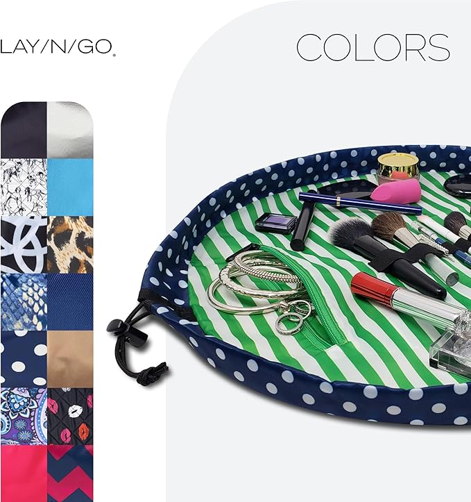 Lay-n-Go Cosmo Layflat Drawstring Cosmetic & Makeup Bag Organizer w/Zipper Pocket, Brush Loops & More, Cinch to Close, Lay Flat to Use, Durable, Machine Wash, Travel Toiletry Bag (20", Navy/Green) - Image 6