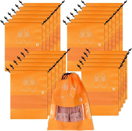 Kuber Industries Pack of 24 Shoe Bags | Shoe Bags for Travel | Non-Woven Shoe Storage Bags | Storage Organizers Set | Shoe Cover with Transparent Window | Shoe Dori Cover | Orange by Kuber+Industries