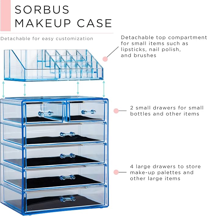 Sorbus Acrylic Makeup Organizer Set, 6-Drawer Vanity & Countertop Cosmetic Storage with Small & Wide Compartments, Blue Brilliance Makeup Storage for Brushes, Jewelry – Holiday Gift for Women & Teens - Image 4