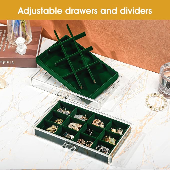 ProCase Earring Holder Organizer Jewelry Box with 10 Drawers, Acrylic Clear Earring Case with Adjustable Velvet Trays for Women - Emerald,10 Layers - Image 2