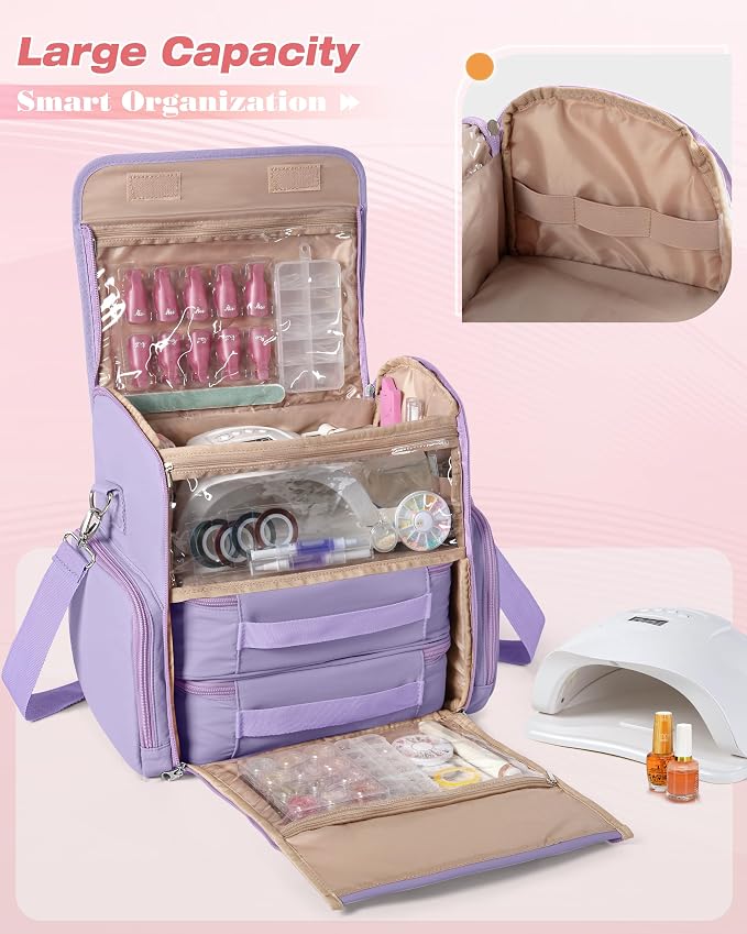 Marscamd Nail Polish Organizer Bag Holds 70 Bottles and Nail Lamp, Nail Polish Storage Case with 2 Removable Bags and Multiple Pockets, Purple - Image 2