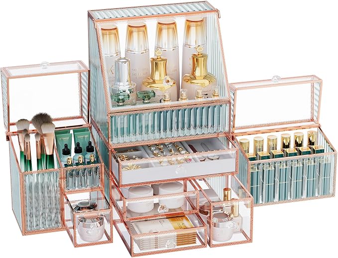 Youdepot Large Makeup Organizer, Glass Cosmetic Storage with Drawers, Stackable Makeup and Jewelry Organizer for Vanity Table, Bathroom Countertop, Skincare, Lipsticks, Perfume, Brushes by Youdepot