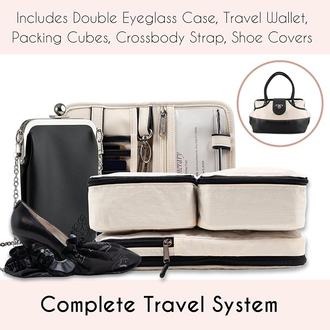Borsali Weekender Bag for Women - Travel Carry On Duffel -Vegan Leather with Travel Wallet, Packing Cubes, Shoe Covers & Glasses Case (Cream/Black) - Image 2