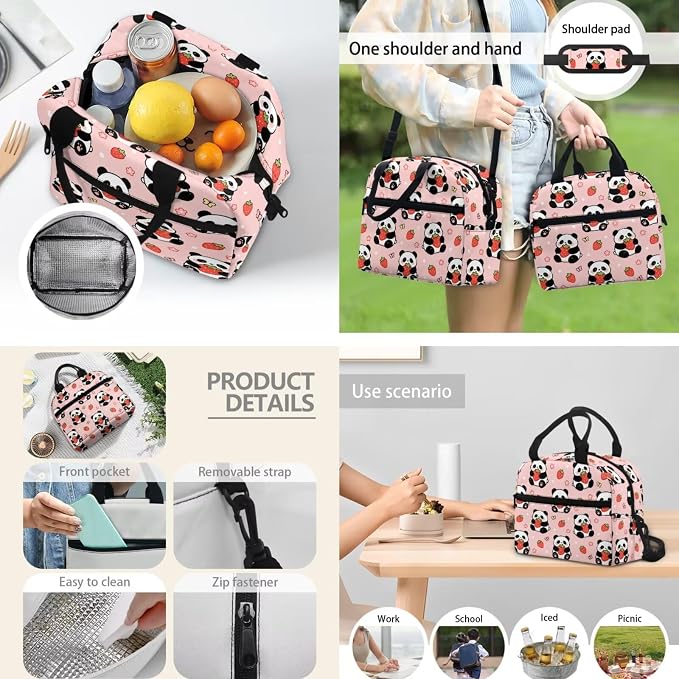 Strawberry Panda 3Pcs Backpacks Set for school, Kids Bookbag Students Knapsack with Insulated Lunch Box Pencil Case for Teens Girls - Image 3
