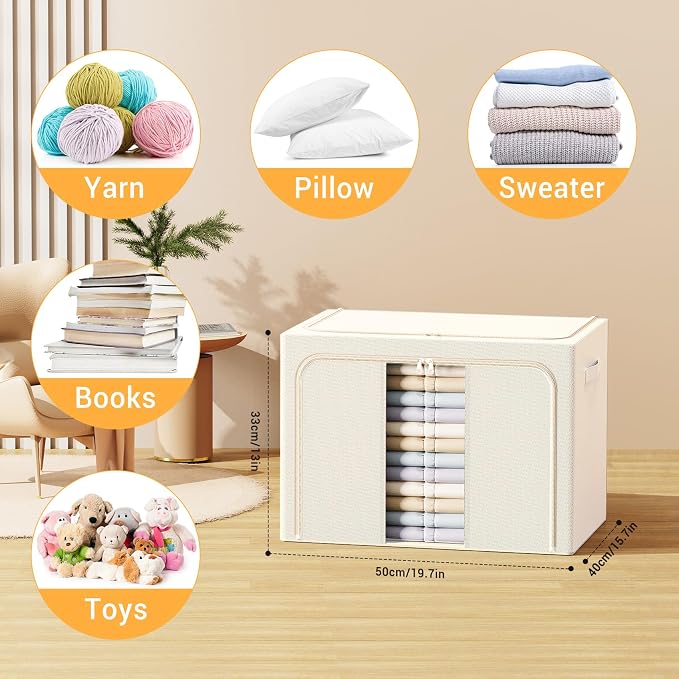 Clothes Storage Bins with Metal Frame, Foldable Clothes Organizers Storage Containers for Clothes, Sheets, Blankets, Pillows and Towels (66L, 3 Pack) Beige - Image 2