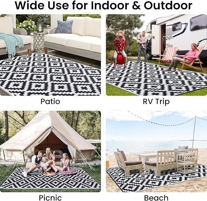 Smiry Waterproof Outdoor Rug 9x12 ft, Reversible Plastic Straw Patio Camping Rugs, Outdoor Indoor RV Mat Carpet for Patio, Outside Entry, Backyard, Deck, Bench, Picnic, Camper, Black & White - Image 8