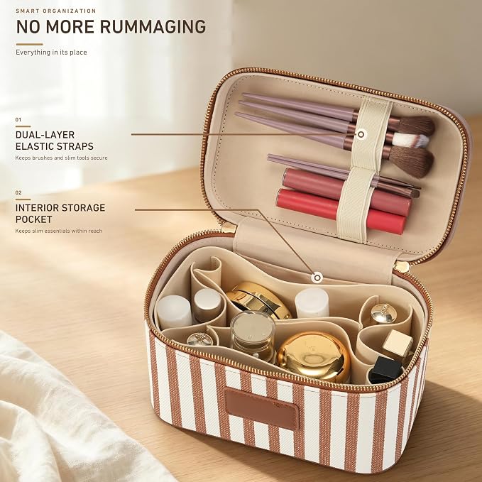 Makeup Bag Travel Toiletry Leather Cosmetic Case, Waterproof Makeup Organizer with Brush Holder, Wipe Clean Removable Divider Vanity Train Bag for Women, Caramel Brown - Image 4