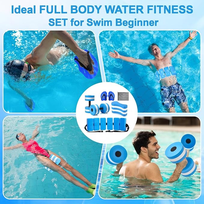 7 Pcs Pool Exercise Set Including 2 Lightweight Aquatic Dumbbells, 2 Swimming Hand Paddles, Pull Buoy, Pool Mesh Bag Swim Belt Sport Equipment for Water Aerobics Exercise - Image 7