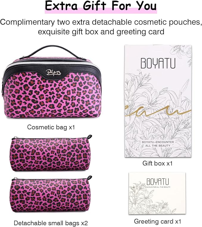 BOYATU Travel Makeup Bags Cosmetic Organizer Bag: 3 Pcs Set Large Capacity Make up Bag with Compartments - Waterproof Leather Toiletry Bags with Handle for Women (B-Red) - Image 6