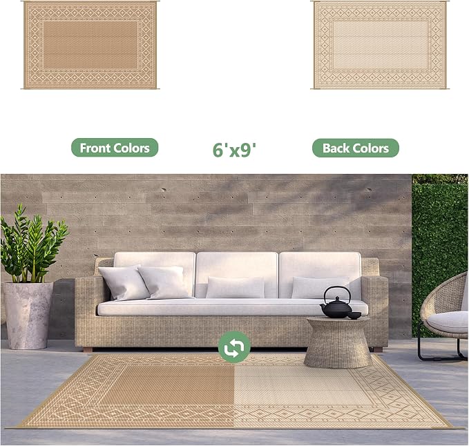 GENIMO Outdoor Rug, Waterproof Plastic Rugs for Patio, 6'x9' Brown Beige | Outside Larger Modern Carpet Mat for Porch Decor, Deck, Balcony, Camping, RV, Backyard, Picnic, Beach, Reversible - Image 4