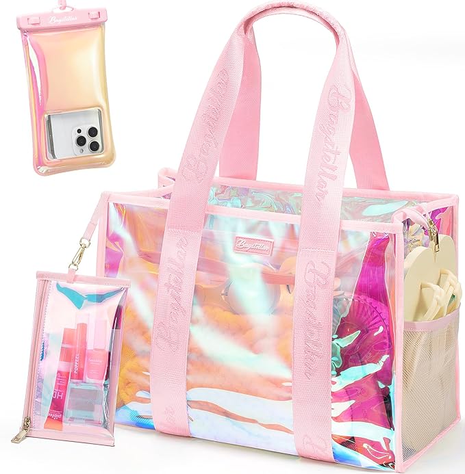 Bagstellar Iridescent Beach Bag, Jelly Tote Bag with Phone Pouch Makeup Bag | Large Beach Bags Waterproof Sandproof, Zipper Beach Tote Clear Pool Swim Boat Bag for Women Summer Travel Cruise Essentials by Bagstellar