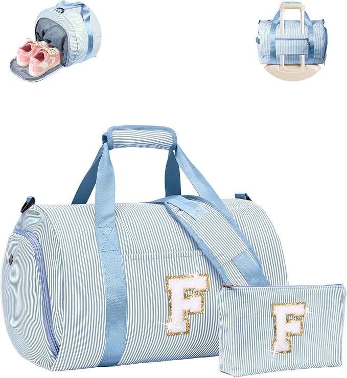 8 Year Old Girl Birthday Gifts, Girls Travel Duffle Bag, Kids Initial Overnight Bags with Shoe Compartment, Customized Weekender Bag with Makeup Pouch, Preppy Stuff for Kid (Letter F) by Vogewood