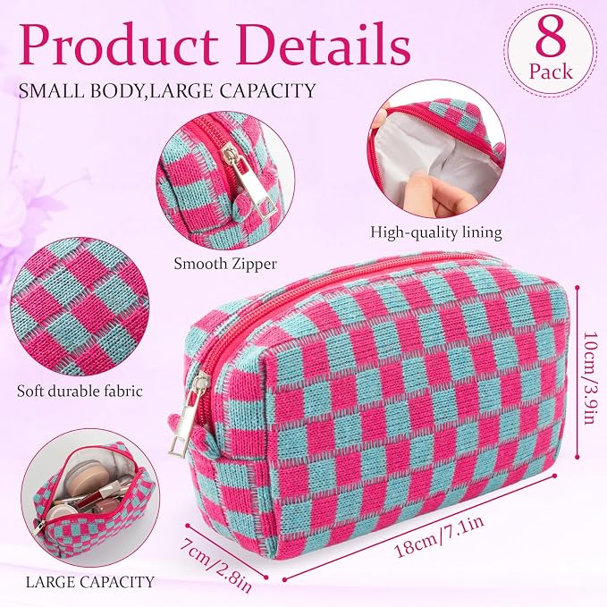 Gilprop 8 Pcs Checkered Makeup Bag for Purse Small Cosmetic Pouch Bulk Portable Zipper Makeup Pouch Travel Toiletry Organizer Gifts for Women Bridesmaid Wedding Party Favors (Pink Blue) - Image 2