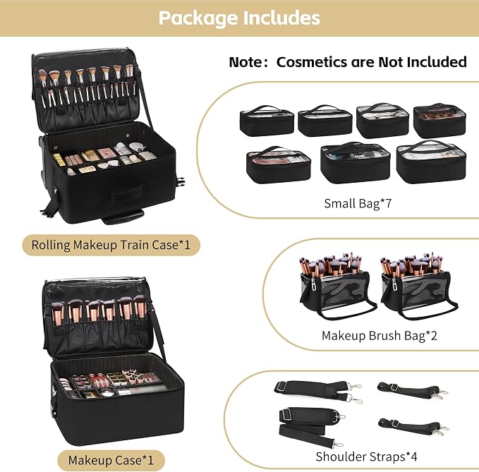 TANTO Rolling Makeup Train Case, 4 in 1 Extra Large Cosmetology Case on Wheels Professional Salon Travel Cosmetic Organizer for Makeup Artists with 7 Pouches, Adjustable Dividers & Swivel Wheels - Image 3