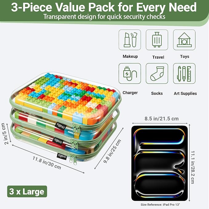 YQBRAO 3-Pack Large Clear Hard Shell Zipper Case, 1.2mm Ultra-Thick Rigid Toy & Closet Organizer, Heavy-Duty Diaper Bag Pouch Set with YKK Zippers, Waterproof Travel Storage (Green) - Image 4