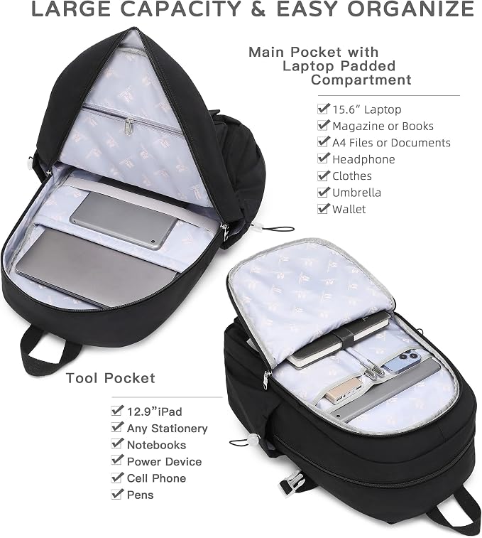 Laptop Backpack 15.6 Inch Elementary Middle High School Bag College Backpacks with Lunch Box Pencil Pouch 3 PCS Set Travel Bookbags for Teens Girls Women Students (Black) - Image 2