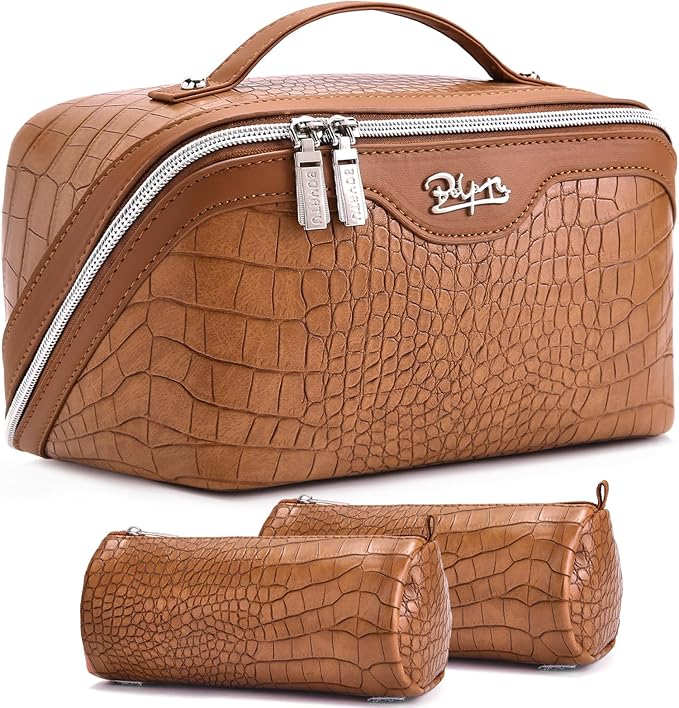 BOYATU Travel Makeup Bag Cosmetic Bags for Women: 3 Pcs Set Large Capacity Make up Bag with Handle - Crocodile Pattern Vegan Leather Toiletry Bags Travel Essentials with Compartments(E-2-Brown) by BOYATU