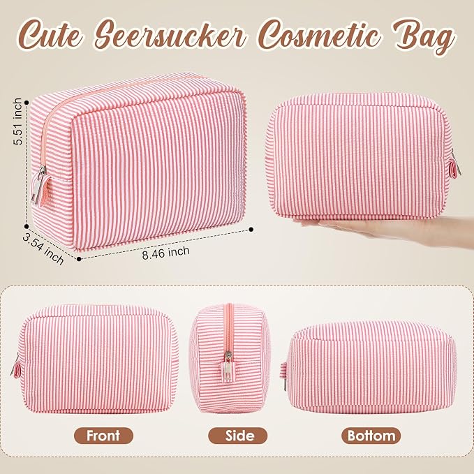 Sanwuta 6 Seersucker Cosmetic Bag Bulk Striped Makeup Bag for Women Aesthetic Cute Travel Toiletry Organizer Preppy Storage Pouch for Wedding Bridesmaid Mother's Day Teacher Gift (Large,Coral Pink) - Image 2
