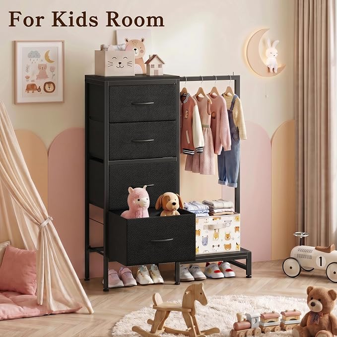 HIGDBFE Tall Dresser 44''H with Hanging Rack, 4 Drawers Small Closet Dresser for Bedroom, Reversible Fabric Chest of Drawers with Clothes Rack, Tall Storage Tower, Sturdy Frame, Black - Image 7