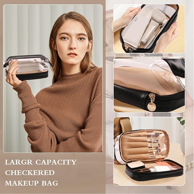 Abiudeng Large Capacity Makeup Bag Ladies Cosmetic Bag Travel Bag with Compartments Portable PU Leather Travel Makeup Bag with Handle - Image 4