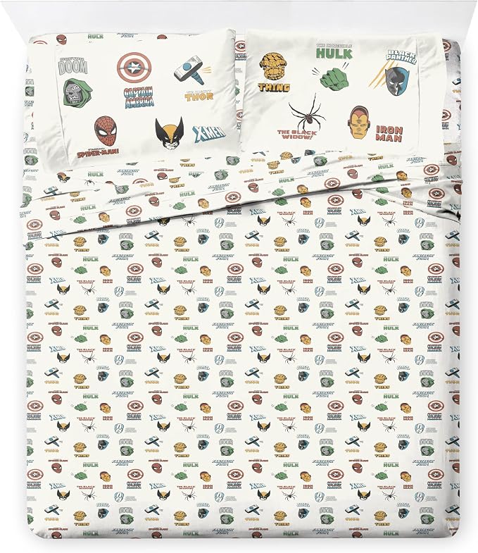 Jay Franco Kids Sheet Set with Fitted, Flat Sheets & Pillow Cover - Ultra-Soft Bedding with Pillowcase for Room Decor, White - Marvel Comics, 4 Piece Queen by JayFranco