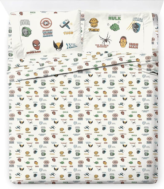 Jay Franco Kids Sheet Set with Fitted, Flat Sheets & Pillow Cover - Ultra-Soft Bedding with Pillowcase for Room Decor, White - Marvel Comics, 4 Piece Queen by JayFranco