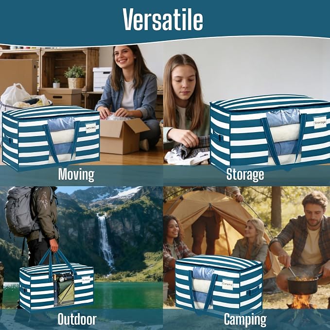 VENO 8 Pack Heavy Duty Moving Bags, Clothes and Comforter Storage Bags with Clear Window, College Dorm Essentials Packing Supplies, Foldable Boxes Alternative (Classic Navy Stripe, 8 Pack) - Image 7