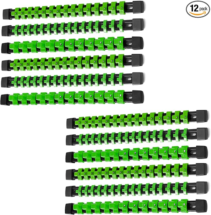 ALOANES 12PC Socket Organizer, Socket Rails Fit 1/2", 1/4" and 3/8" Drive | Portable Heavy Duty ABS Socket Holders Hold up 172 Sockets for Toolbox Drawer Bags(Green) by Aloanes