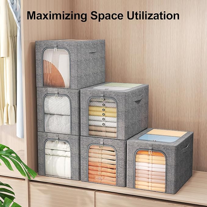 GoMaihe Clothes Storage Bins with Metal Frame, 4-Pack Closet Storage Bins with Lid & Clear Window, Sweater Boxes Organizer for Closet, Clothing Storage, Cationic Fabric 40L - Image 4