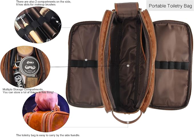 Personalized Leather Kit for Men Travel Toiletry Bag Cosmetic Shaving Bag Brown - Image 3