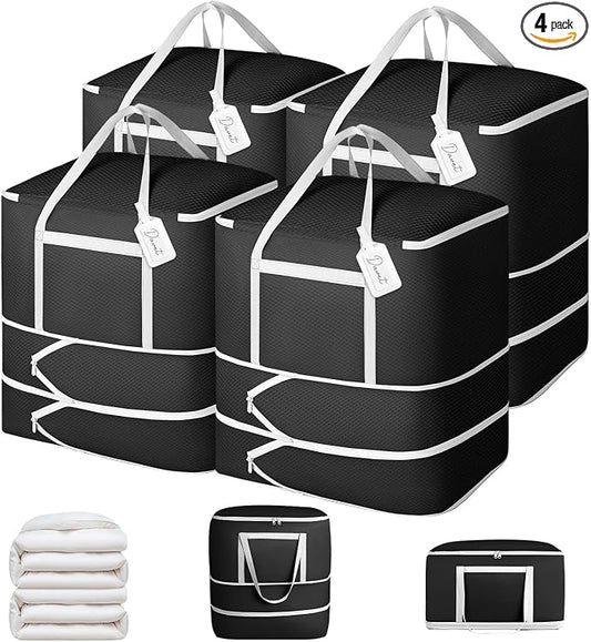 Comforter Storage Bag - 120L Bedding Storage Bags for Moving Closet, Washable Blanket Storage Bag, Ultra Space Saving Self Compression Organizer, 4-Pack, Black by EasortmPackingCubes