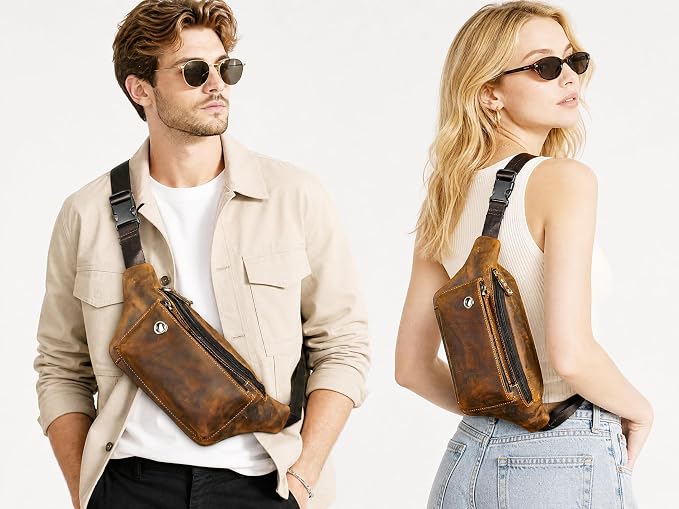 Water Resistant Canvas + Leather Hiking Riding Travel Fanny Waist Pack Small Phone Pouch For Men Women FB811-29 (W-8138-Brown) - Image 3