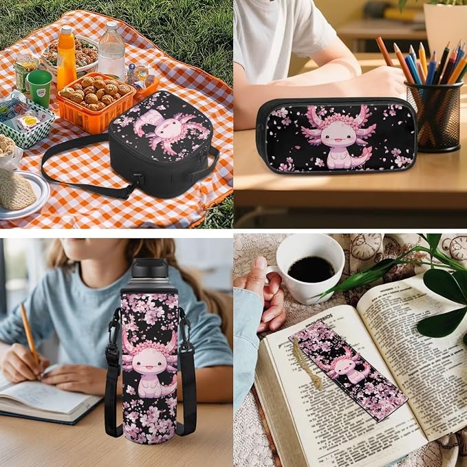 Axolotl Bakpack for Girls Elementary Backpacks with Lunchox Pencil Case 5 Pcs Bookbag Sets for Kids Back to School Supplies for Hiking - Image 5