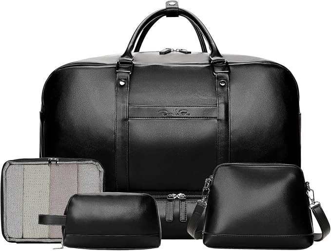 Large 4-in-1 Leather Duffle Bag for Travel Weekender Overnight Hospital Gym Bag for Men & Women, Carry On Airline Approved Personal Item Duffel Garment Bag Luggage with Shoe Compartment & Toiletry Bag by Unknown