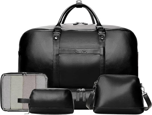 Large 4-in-1 Leather Duffle Bag for Travel Weekender Overnight Hospital Gym Bag for Men & Women, Carry On Airline Approved Personal Item Duffel Garment Bag Luggage with Shoe Compartment & Toiletry Bag by Unknown