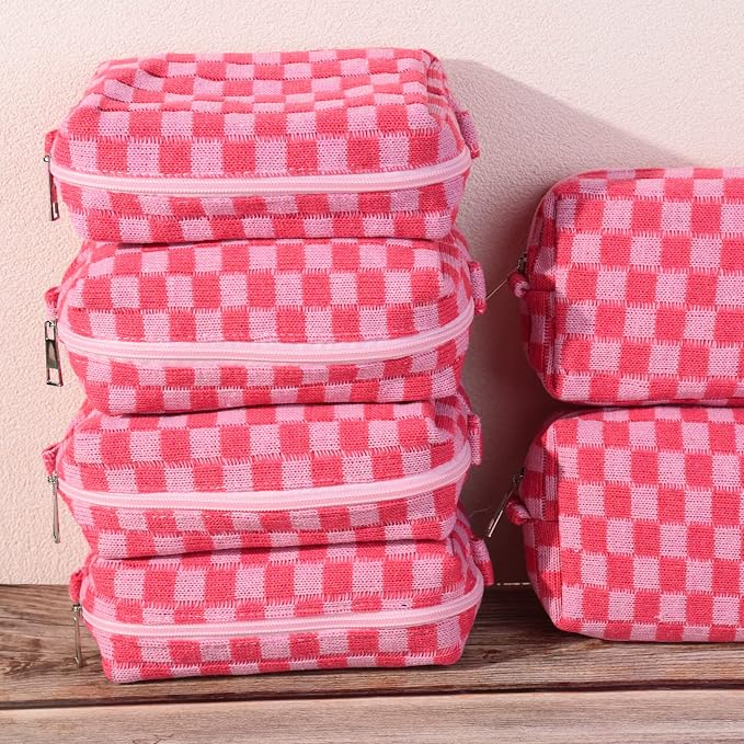 SOIDRAM Checkered Makeup Bag Preppy Cosmetic Bag Bulk Pink Makeup Pouch Personalize Travel Toiletry Bag Organizer Cute DIY Makeup Brushes Storage Bag for Women - Image 5