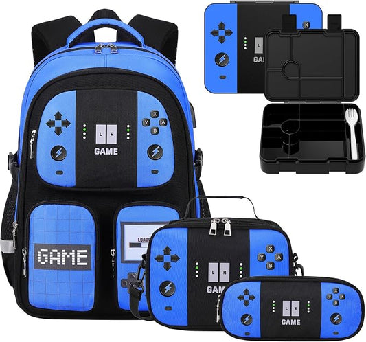 Jafeton School Backpack for Boys, 4 PCS Gamer Boy Backpack Set with Bento Box, Lunch Box & Pencil Pouch, Waterproof Schoolbag for Boys Kids Teens, Elementary Middle School, Kid Bookbag Casual Daypack by Jafeton