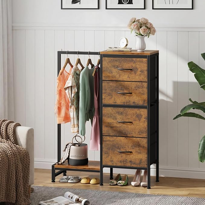 HIGDBFE Tall Dresser 44''H with Hanging Rack, 4 Drawers Small Closet Dresser for Bedroom, Reversible Fabric Chest of Drawers with Clothes Rack, Tall Storage Tower, Sturdy Frame, Rustic Brown - Image 3