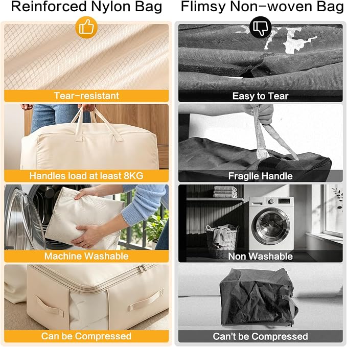 Comforter Storage Bag, Large Capacity Blanket Storage Bags 3-Layer Ultra Space Saving Self Compression Organizer, Heavy Duty Space Saver Organizer for Bedding, Clothes, Blanket, 2-Pack, Beige - Image 7