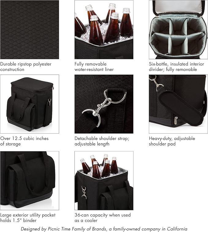 Picnic TIME Cellar 6-Bottle Wine Carrier & Cooler Tote, Insulated Padded Wine Cooler Bag for Travel, Portable Water-Resistant Wine Bag, (Black with Gray Accents) - Image 3