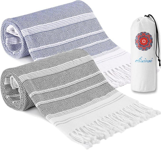 Antfuny 2 Packs Turkish Beach Towels Vacation Essentials Quick Dry Sand Free Oversized Bath Pool Swim Towel Extra Large XL Big Blanket Adult Travel Cruise Accessories Must Haves Clearance Stuff