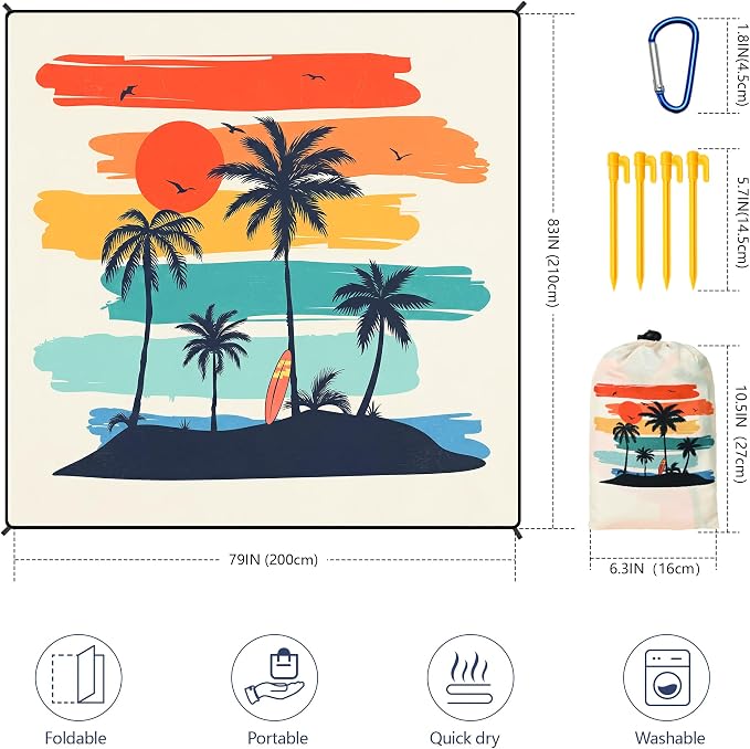 HIHOHO Beach Blanket Waterproof Sandproof Beach Mat 79”x 83” for 1-8 Adults Quick Drying Durable Outdoor Picnic Mat for Beach Festival Travel Camping Hiking (Rainbow Cocotree-YL, 79"×83"(4 Person)) - Image 3