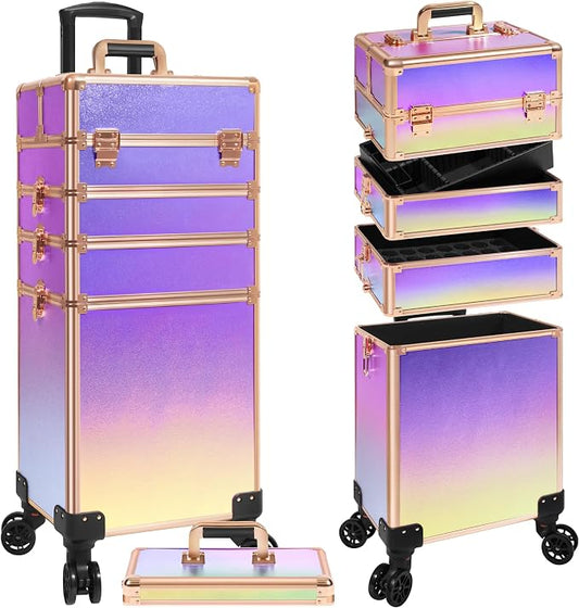 Rolling Makeup Train Case with Lid Cosmetology Case on Wheels | 5 in 1 Large Cosmetic Trolley Organizer Travel for Hairstylist Artist Nail Beauty Salon Barber Cart Trunk, Colorful by Unknown