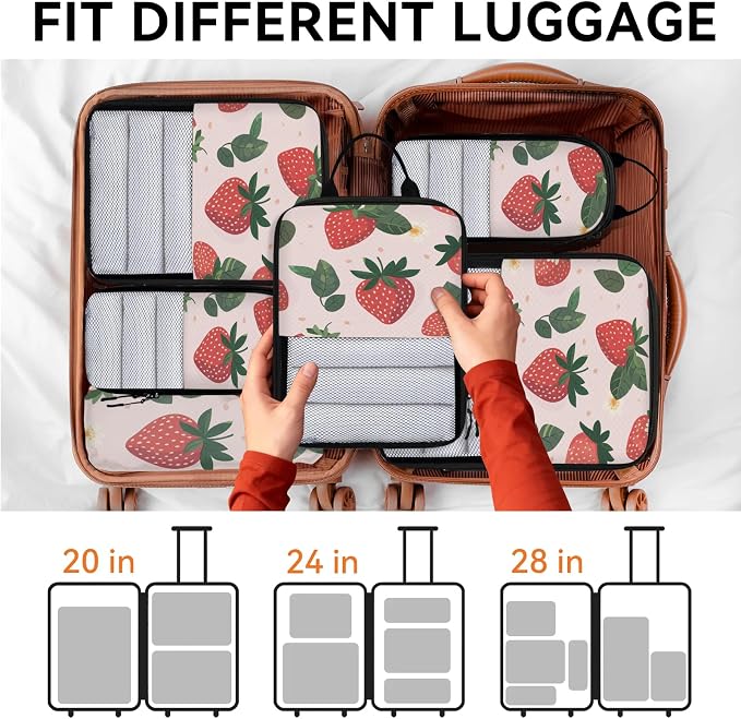 Strawberry Floral 6 Set Compression Packing Cubes for Travel Luggage Carry On Suitcase Compressible Expandable Packing Cubes Organizers Bag - Image 7