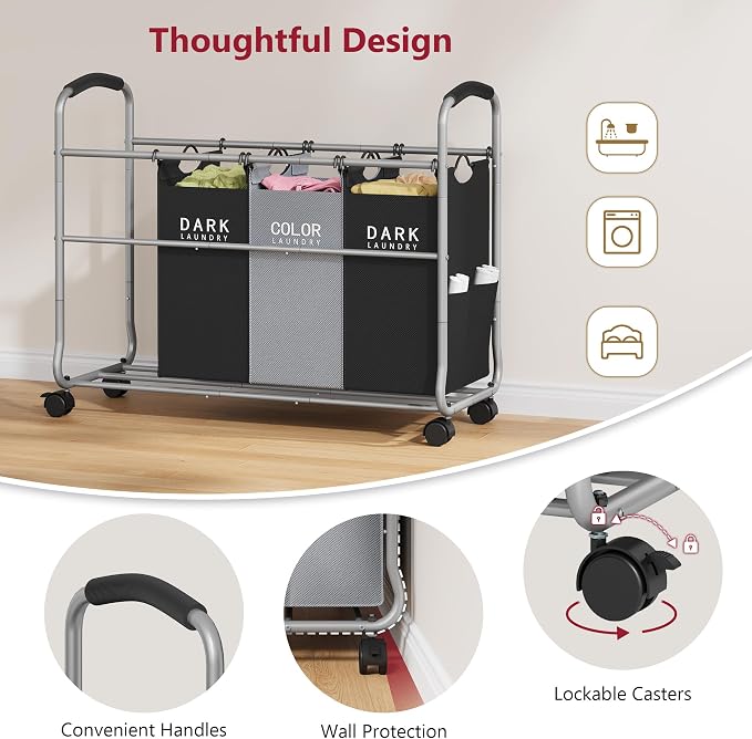 Tajsoon Laundry Sorter 4 Sections, Laundry Separator Hamper with Heavy Duty Lockable Rolling Wheels, Laundry Divider with Removable Bags for Dirty Clothes Storage, Black & Grey - Image 5