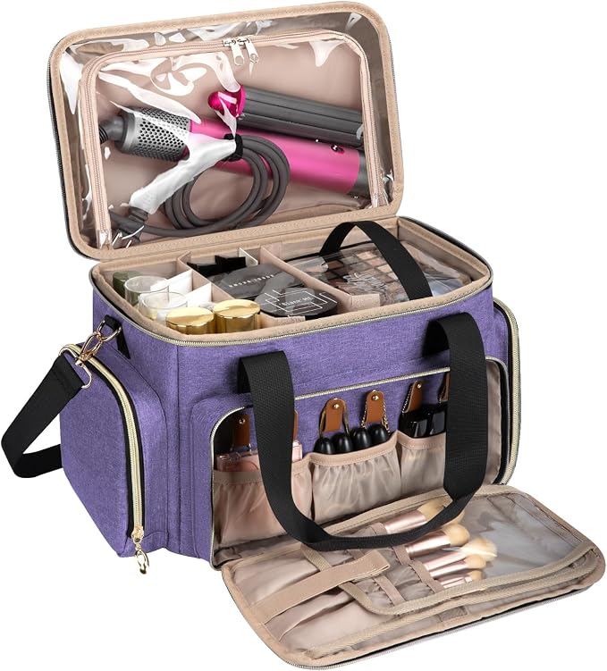 GDNasist Large Makeup Bag, Portable Travel Makeup Bag Organizer for Women Girls with 2 Removable Pouches & Detachable Dividers, Cosmetic Travel Bag, Toiletry Bag for Makeup and Hair Supplies, Purple by GDNasist