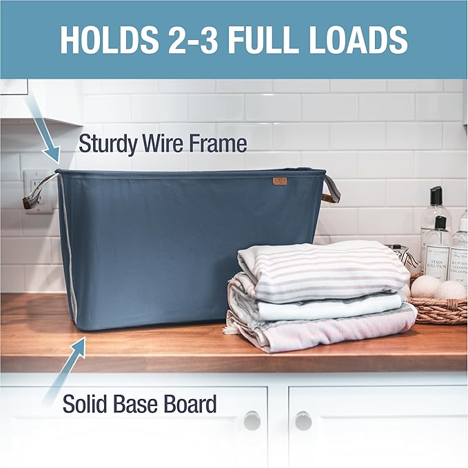 CleverMade Collapsible Laundry Basket LUXE 2 Pack – 60 L (16 Gal) Foldable Cotton Blend Clothes Hamper with Vegan Leather Accents, Reinforced Handles, Space Saving Laundry Bin Holds 55 lbs - Navy - Image 2