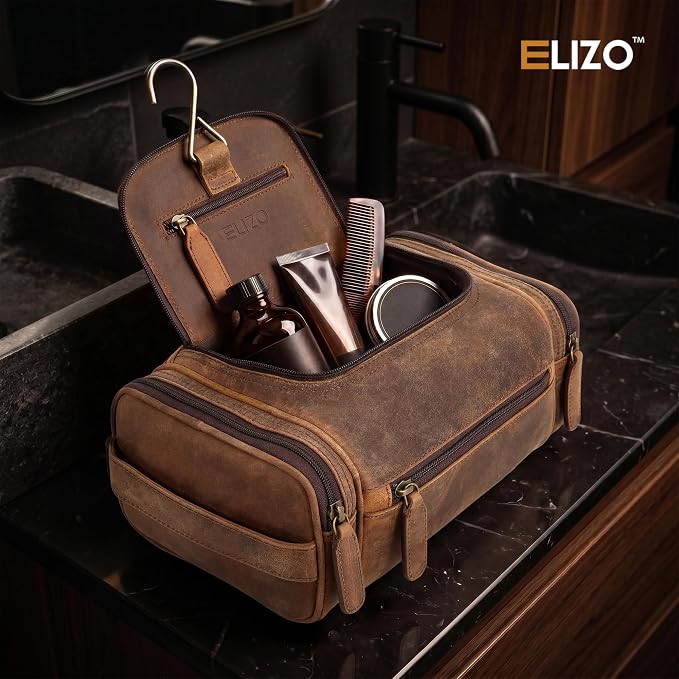 ELIZO Real Leather Toiletry Bag for Men - Large Hanging Travel Organizer for Toiletries, Ideal for Dopp Kit & Shaving Kit for Men, Essential Mens Travel Toiletry Bag for Toiletries (Grizzly) - Image 6