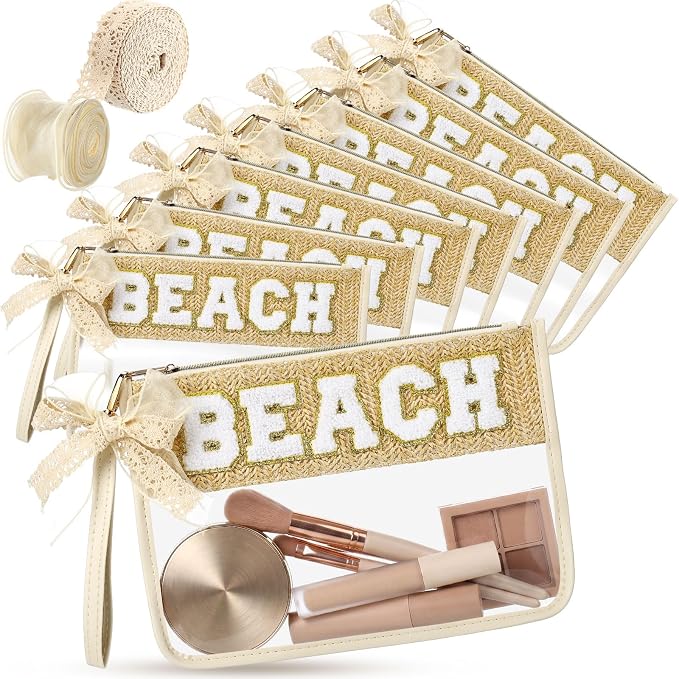 8 Pcs Boho Woven Straw Beach Makeup Bag Bulk Chenille Letter Bag Nylon Makeup Clear Zipper Pouch Preppy Waterproof Beach Necessities Vacation Essentials Toiletry Organizer for Women by Clysee